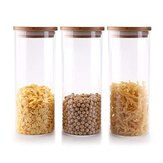 Straight Sided Cylindrical Storage Glass Jar with Airtight Wooden Bamboo Lid